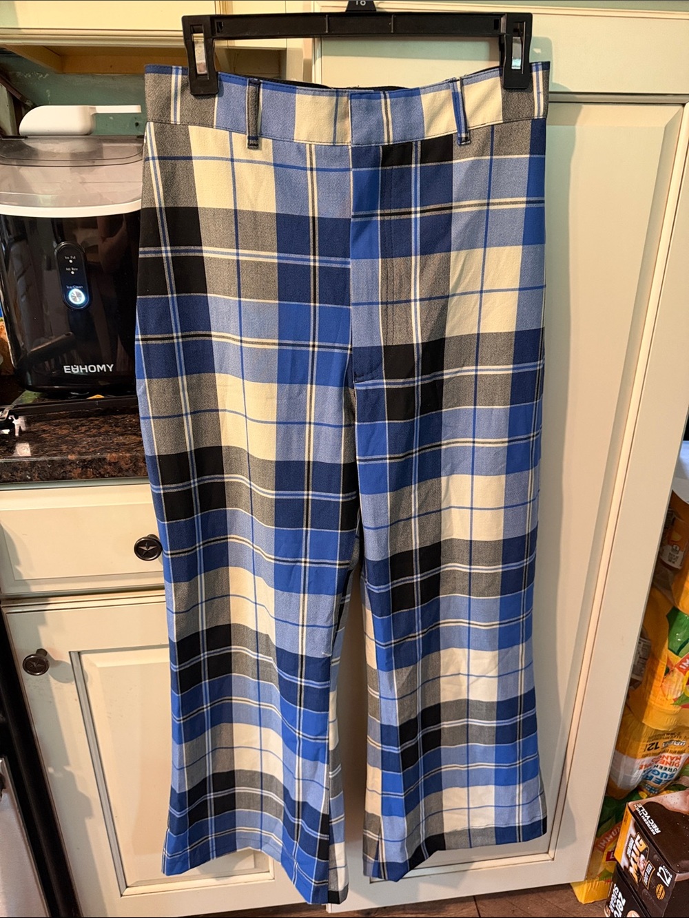 Free People Blue Black Cream Plaid Trousers